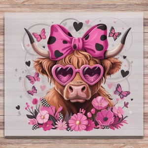 Croquette Bow Highland Cow DTF Print With Pink Flowers Sunglasses Cute Cow Direct to Film Transfer Ready to Press