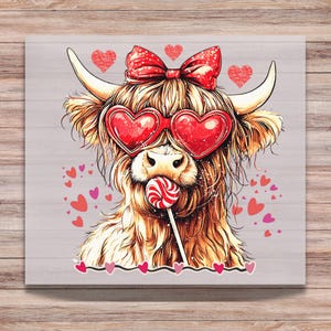 Shaggy Cow DTF Print Highland Cow with Hearts, Bow and Lollipop Direct to Film Transfer Ready to Press