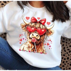 Shaggy Cow Valentine&#39;s Day DTF Transfer Highland Cow with Bow and Lollipop Direct to Film Heat Print Ready to Press
