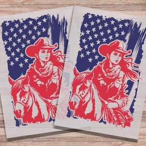 Western DTF Print Cowgirl Riding Horse with American Flag Direct to Film Transfer Ready to Press