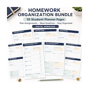 May include: A digital homework organisation bundle featuring 10 student planner pages with dark blue headers and light pastel accents. The text reads Homework Organisation Bundle, 10 Student Planner Pages, Plan Assignments, Meet Deadlines, Stay Organised, and Digital Download.
