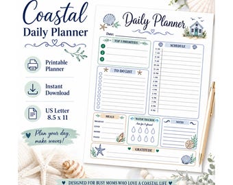 Coastal Daily Planner Printable, Daily Schedule, To Do List, Water Tracker, Meal Planner, Gratitude Page, Instant Download