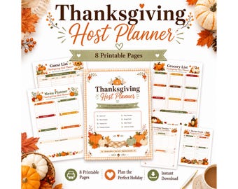 Thanksgiving Host Planner Printable, Thanksgiving Dinner Planner, Holiday Meal Planner, Guest List, Grocery List, Prep Checklist PDF