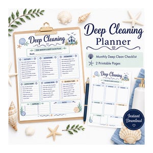May include: A deep cleaning planner printable set featuring two pages with checklists for kitchen, bathroom, bedroom, living room, laundry room, and seasonal tasks. The design includes a beach theme with seashells, starfish, and a small house illustration.