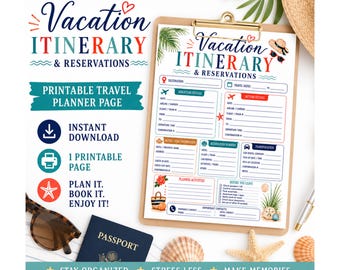 Vacation Itinerary Printable, Travel Planner PDF, Vacation Reservations Organizer, Trip Planning Page, Travel Checklist, Instant Download