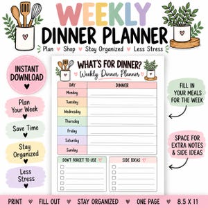 May include: A weekly dinner planner printable sheet measuring 8.5 by 11 inches. The document features a table for Monday through Sunday, a section for Don't Forget To Use, and a section for Side Ideas. It includes illustrations of kitchen utensils and a potted plant.