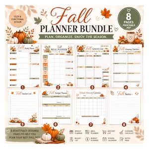 Op de afbeelding: Een herfstplanner-bundel met 8 printbare PDF-pagina's voorzien van herfstthema-afbeeldingen zoals pompoenen en bladeren. De set bevat een weekplanner, maaltijdplanner, boodschappenlijst, schoonmaakchecklist, budgetplanner, kalender en notities.