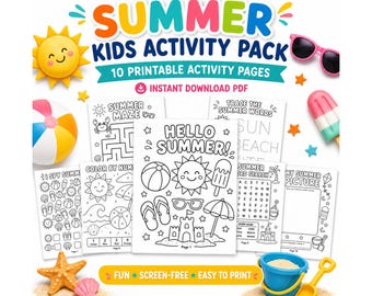 Summer Kids Activity Pack Printable, 10 Page Summer Worksheets, Coloring Pages, Maze, I Spy, Instant PDF