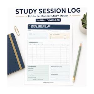 May include: A printable study session log document featuring sections for student details, session goals, deadlines, a detailed tracking table, session summary, and reflection. The layout includes dark blue headers and light blue accents on white paper.