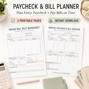 Peut inclure: Un ensemble de planificateur de paie et de factures comprenant deux pages imprimables intitulées Payday Bill Split Worksheet et Monthly Paycheck & Bill Overview. Les formulaires incluent des sections pour les revenus, les factures, l'épargne et des notes avec des accents rose et vert doux.
