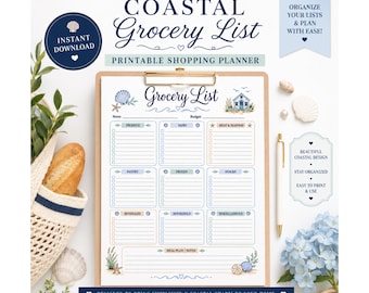 Coastal Grocery List Printable, Shopping List PDF, Meal Planning Notes, Grocery Planner, Instant Download, US Letter