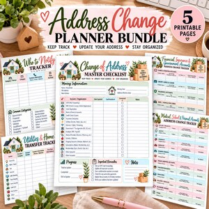 May include: A five-page printable address change planner bundle featuring a master checklist, trackers for utilities, home transfers, notifications, and financial accounts. Each page includes house illustrations, heart icons, and organised tables.