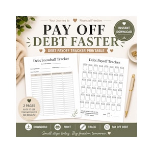 May include: A printable debt payoff tracker with the text "Pay Off Debt Faster." The design includes a debt snowball tracker and a jar-themed tracker. The text "Instant Download" is also visible.