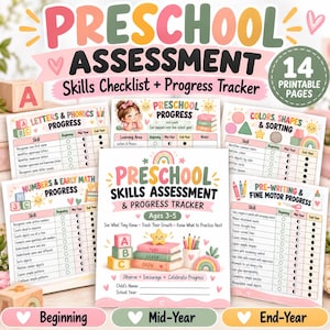 May include: A preschool assessment skills checklist and progress tracker set featuring 14 printable pages. The documents include charts for letters, phonics, numbers, math, colors, shapes, and fine motor skills with progress tracking columns.