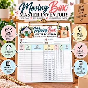 May include: A clipboard holding a Moving Box Master Inventory sheet with a house illustration and text. The form includes columns for box number, room, contents, priority, fragile status, and notes, surrounded by six circular instructional icons.