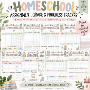 Puede incluir: Un conjunto de seguimiento de tareas, calificaciones y progreso para la educación en casa, que incluye ocho páginas imprimibles con encabezados de colores pastel e ilustraciones de libros y útiles escolares. El texto incluye títulos como Homeschool Assignment Tracker, Weekly Assignment Planner y Subject Assignment & Grade Tracker, diseñados para organizar el trabajo escolar.
