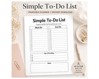 Simple To Do List Printable, Daily Planner Page, Must Do Can Do Checklist, Top 3 Priorities, Notes Template, Instant Download