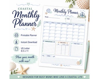 Coastal Monthly Planner Printable, Monthly Calendar, Goals, Bills, To Do List, Important Dates, Instant Download PDF