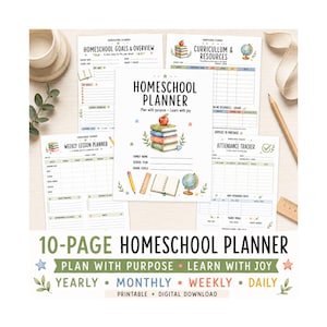 May include: A 10-page homeschool planner set featuring a cover page with a stack of books, an apple, a globe, and a pencil. The pages include sections for goals, curriculum, weekly lessons, and attendance tracking with watercolor illustrations.