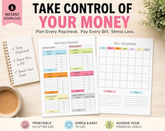 Puede incluir: Un imprimible de planificación financiera con el texto «TAKE CONTROL OF YOUR MONEY». Incluye una hoja de presupuesto, un calendario de facturas y un bloc de notas con objetivos. El diseño es en papel tamaño US Letter.