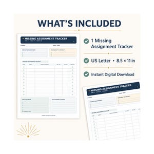 Puede incluir: Un documento imprimible Missing Assignment Tracker en tama&ntilde;o US Letter de 21,59 x 27,94 cm. El dise&ntilde;o incluye secciones para tareas urgentes, profesores a contactar, una tabla de seguimiento, un plan de recuperaci&oacute;n y notas con encabezado azul.
