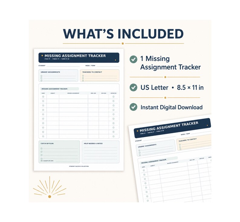 Puede incluir: Un documento imprimible Missing Assignment Tracker en tama&ntilde;o US Letter de 21,59 x 27,94 cm. El dise&ntilde;o incluye secciones para tareas urgentes, profesores a contactar, una tabla de seguimiento, un plan de recuperaci&oacute;n y notas con encabezado azul.