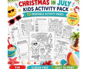 Christmas in July Kids Activity Pack Printable, Summer Christmas Worksheets, Coloring Pages, Maze, I Spy PDF