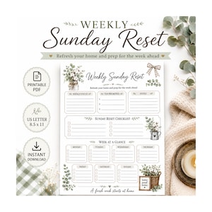 Könnte beinhalten: Ein druckbarer Wochenplaner mit dem Titel Weekly Sunday Reset, der Abschnitte für Fokus, Prioritäten, Notizen, eine Checkliste und einen Tagesplan enthält. Das Design zeigt botanische Illustrationen, eine karierte Schleife und Text.