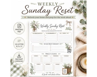 Weekly Sunday Reset Printable, Sunday Reset Checklist, Weekly Planner PDF, Cottagecore Homemaker Planner, Instant Download