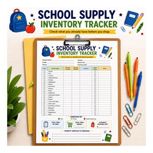 Puede incluir: Un rastreador de inventario de útiles escolares impreso en una hoja de papel blanca sujeta por un portapapeles marrón. El documento presenta columnas para útiles escolares, cantidades, condición y notas, con una clave de condición y una sección.