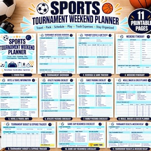 Op de afbeelding: Een set van 11 printbare pagina's voor het plannen van een sporttoernooi-weekend, inclusief een voorpagina, toernooi-overzicht, speelschema, reisschema, hotelinformatie, paklijsten, maaltijdplanner, budgettracker en een weekendoverzicht.