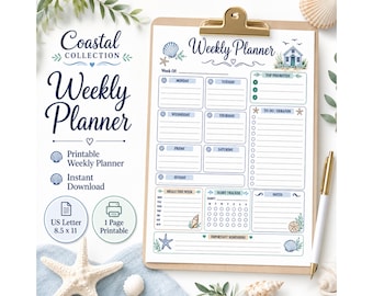 Agenda settimanale costiera stampabile, agenda settimanale in PDF, agenda da spiaggia, pianificatore dei pasti, tracker delle abitudini, lista delle cose da fare, download immediato