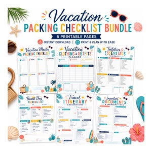 May include: A vacation packing checklist bundle featuring six printable pages with colorful headers and icons. The pages include a master checklist, clothing and outfit planner, toiletries and essentials, beach day list, travel itinerary, and documents.