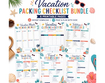 Vacation Packing Checklist Bundle Printable, Beach Trip Planner, Travel Packing List, Outfit Planner, Toiletry Checklist PDF