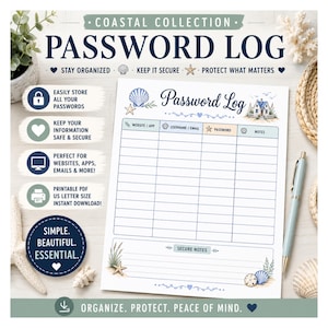 May include: A printable password log sheet featuring a coastal theme with illustrations of seashells, a beach house, and grass. The document includes columns for website, username, email, password, and notes, plus a section for secure notes.