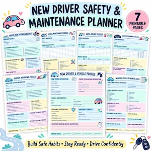 Puede incluir: Un conjunto de siete páginas imprimibles titulado New Driver Safety & Maintenance Planner. Los documentos presentan secciones en colores pastel para registrar información del vehículo, consumo de combustible, calendarios de mantenimiento, listas de averías y perfiles.
