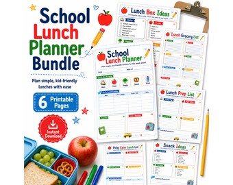 School Lunch Planner Bundle Printable, Kids Lunch Box Ideas, Picky Eater List, Grocery List, Snack Ideas, Back to School PDF
