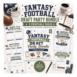 May include: A fantasy football draft party bundle featuring nine printable pages including a host checklist, food planner, league rules, winner certificate, and last place award. The set includes a football, helmet, mug, and pen with blue, green, and brown graphics.