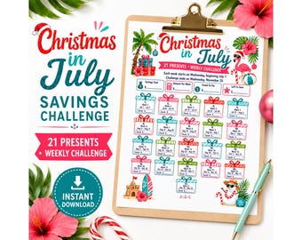 Christmas in July Savings Challenge Printable, 21 Week Holiday Gift Budget Tracker, Christmas Savings Planner PDF