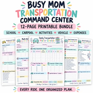 Puede incluir: Un paquete imprimible de 12 páginas titulado Busy Mom Transportation Command Center, que incluye varios formularios de organización para la escuela, viajes compartidos, actividades, vehículos y gastos. Los documentos incluyen listas.
