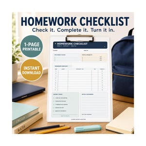 Puede incluir: Un portapapeles blanco con una lista de verificación de tareas impresa con secciones para enfoque, exámenes, proyectos y recordatorios. El documento incluye el texto HOMEWORK CHECKLIST, Check it. Complete it. Turn it in. y casillas de verificación.