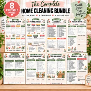 Puede incluir: Un paquete imprimible de limpieza del hogar con ocho páginas de listas de verificación y horarios. Los documentos incluyen tareas de limpieza diaria, semanal y profunda con ilustraciones florales y motivos de setas en cada página.