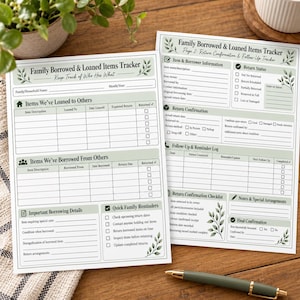 Pode incluir: Duas folhas de papel brancas com um rastreador de itens emprestados e tomados de empréstimo em família, com detalhes em verde sálvia e ilustrações de folhas. Os formulários incluem seções para descrições, detalhes de empréstimo e status.