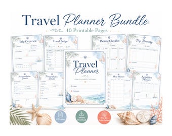 Printable Travel Planner Bundle, Vacation Planner PDF, Trip Itinerary, Packing Checklist, Travel Budget, Beach Trip Planner