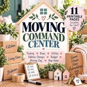 May include: A Moving Command Center sign with a house-shaped frame, featuring the text 'MOVING COMMAND CENTER' and '11 PRINTABLE PAGES'. Includes cardboard boxes labeled 'Kitchen', 'Living Room', 'Bedroom', and 'Same House New Adventures', plus keys.