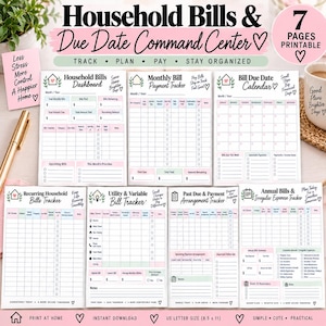 Puede incluir: Un conjunto de 7 páginas imprimibles Household Bills & Due Date Command Center. Incluye rastreadores para facturas mensuales, pagos, fechas de vencimiento, gastos recurrentes, facturas de servicios públicos y facturas anuales.