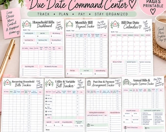 May include: A 7-page printable Household Bills & Due Date Command Center set. Includes trackers for monthly bills, payments, due dates, recurring expenses, utility and variable bills, past due arrangements, and annual bills in a clean, organized layout.
