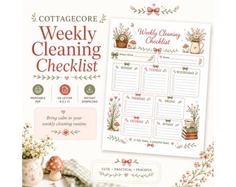 Cottagecore Weekly Cleaning Checklist Printable, Weekly Chore Planner, Cleaning Schedule PDF, Homemaker Planner, Instant Download