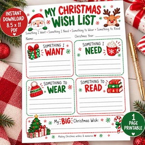 May include: A white paper Christmas wish list template featuring the text My Christmas Wish List, with sections for Something I Want, Need, Wear, and Read. It includes illustrations of Santa, a reindeer, gifts, a mug, a hat, books, and a tree.