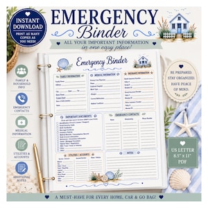May include: An emergency binder printable template with sections for family, medical, and insurance information, important documents, and utility accounts. The document features a coastal theme with seashells and a house illustration, sized at 8.5 inches by 11 inches.